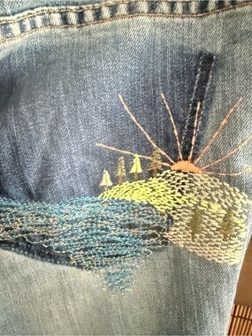Hand-Embroidered Denim Blue Jeans - Sunset Landscape by GAP